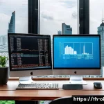 Home 17 R을 활용한 인과관계 추론 분석 방법 - A detailed professional workspace in a modern Bangkok office, featuring a large computer screen disp...