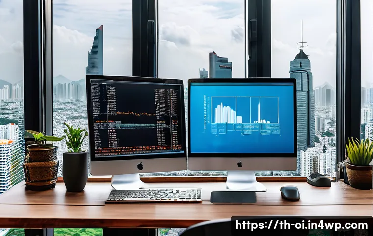 R을 활용한 인과관계 추론 분석 방법 - A detailed professional workspace in a modern Bangkok office, featuring a large computer screen disp...