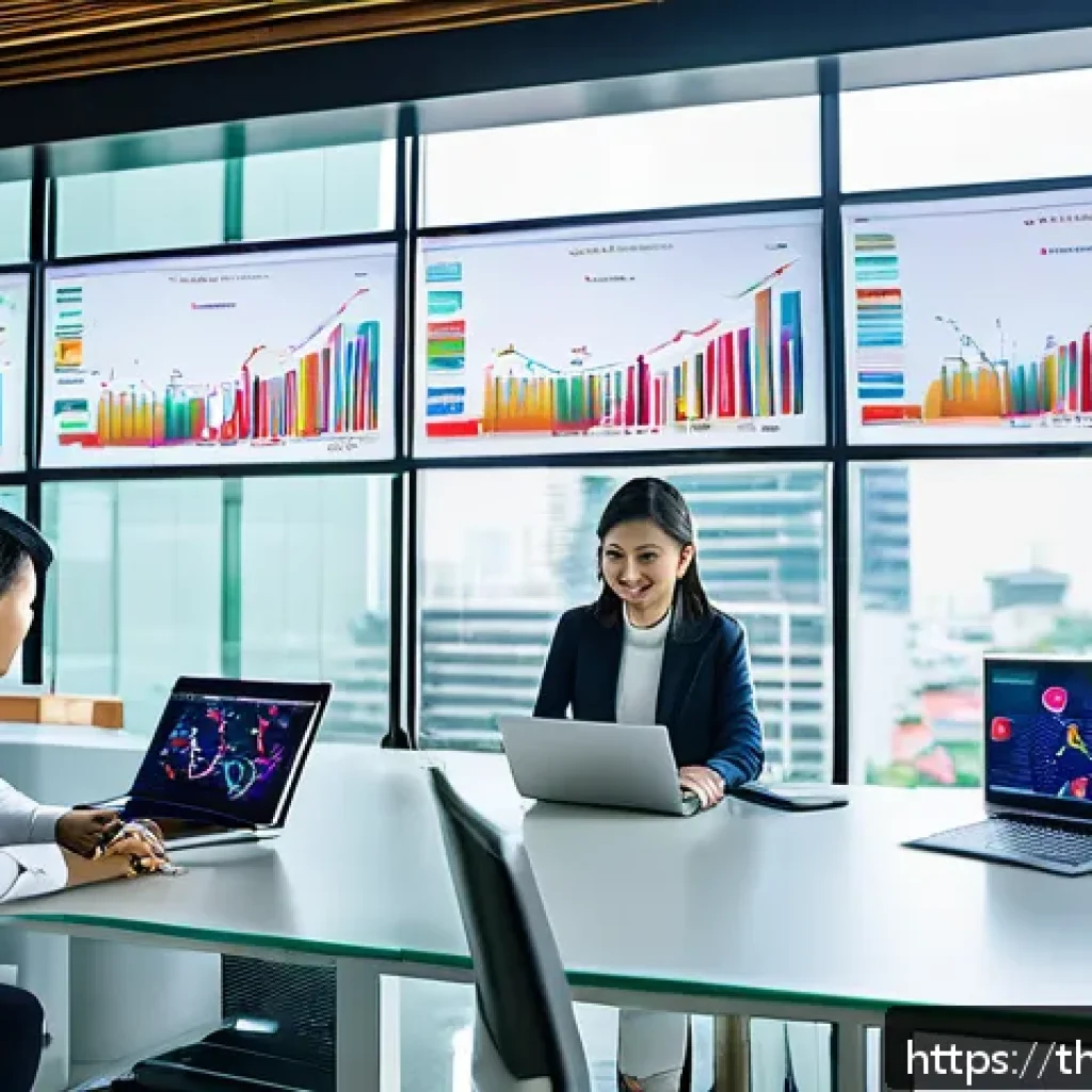 인과관계 추론을 위한 데이터 분석 소프트웨어 비교 - A modern office setting in Bangkok with diverse Thai business professionals collaborating around a l...