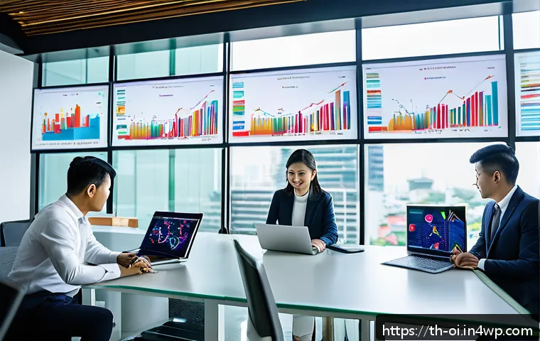 인과관계 추론을 위한 데이터 분석 소프트웨어 비교 - A modern office setting in Bangkok with diverse Thai business professionals collaborating around a l...